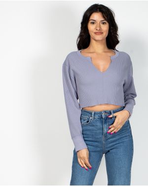 Bluza crop din bumbac striat cu maneca lunga  N904717019