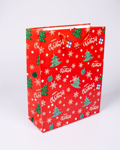 Punga rosie cu sclipici de cadou Merry Christmas 30x13x40 cm