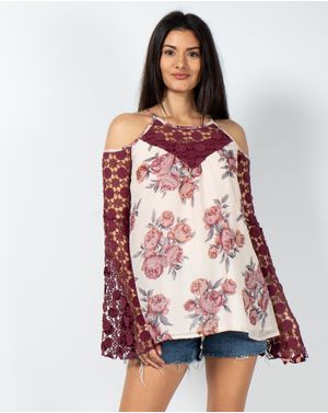 Bluza cu maneci clopot din dantela brodata N230530013