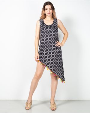 Rochie asimetrica din bumbac cu ciucuri contrastanti N230529024