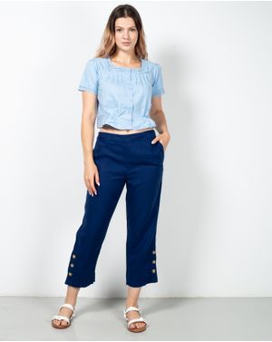 Pantaloni casual din in cu talie inalta N230805011