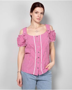Bluza din bumbac in carouri cu umerii goi N240534001