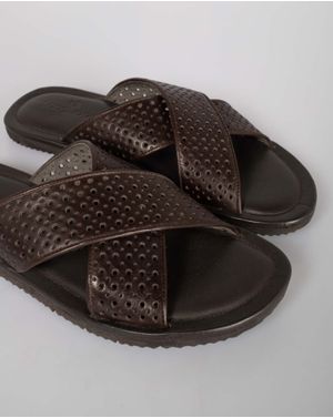 Papuci din piele naturala cu model perforat pentru barbati N240123003