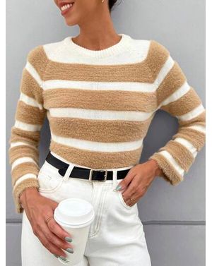 Pulover din tricot Shein cu dungi si guler rotund 24MAE13123