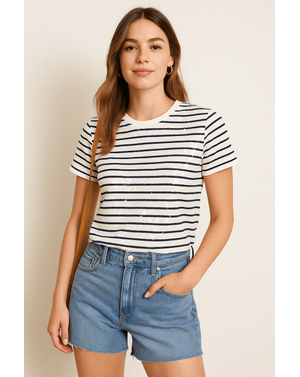Tricou din bumbac cu dungi si paiete N241647004