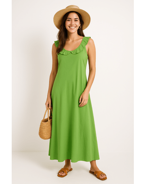Rochie maxi verde din bumbac 100% – cu bretele late și volănaș la decolteu  24SDP01024
