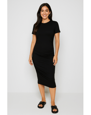 Rochie neagră midi, mulată, cu mânecă scurtă – din material elastic 24SDP01124