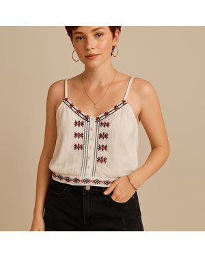 Top din bumbac cu bretele subtiri si broderie etnica – Boho Breeze N231109035