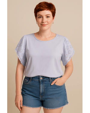 Bluză bleu din bumbac 100% cu mâneci brodate  N231109037