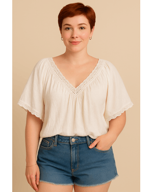 Bluza boho ivory cu decolteu in V si broderie – textura lejera N231109039