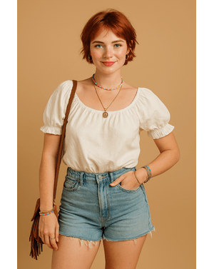 Bluză din bumbac 100% cu croială lejeră și mâneci bufante N241507031