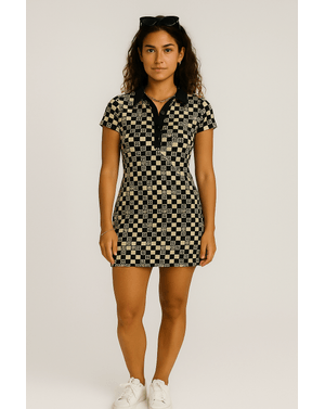 Rochie mini cu guler polo și imprimeu geometric retro N241553001