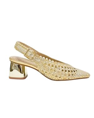 Pantofi slingback aurii împletiți din piele ecologică cu toc metalic