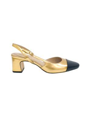 Pantofi slingback aurii cu vârf negru și toc gros – piele ecologică