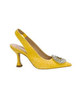 Pantofi slingback galbeni din piele ecologică cu aplicație stras – toc mediu