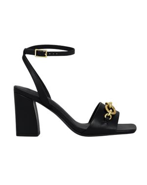Sandale din piele naturală cu toc gros și accesoriu auriu