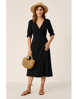Rochie neagră midi din 100% vâscoză – Eleganță naturală  24SDP01123