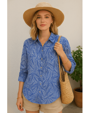 Cămașă din in cu imprimeu tropical albastru – răcoare și rafinament în stil natural 25OFF08004