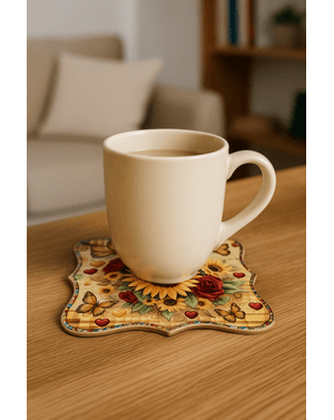 Coaster decorativ cu floarea-soarelui, trandafiri si fluturi