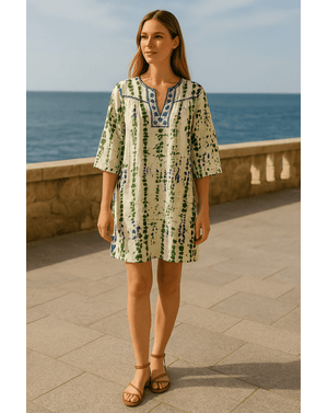 Rochie lejeră cu imprimeu tie-dye și broderie – 100% vâscoză N231113001