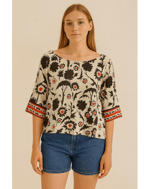 Bluză scurtă cu imprimeu floral și mâneci accent – 100% vâscoză N2417F7001
