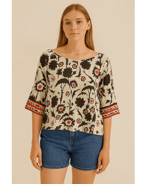 Bluză scurtă cu imprimeu floral și mâneci accent – 100% vâscoză N2417F7001