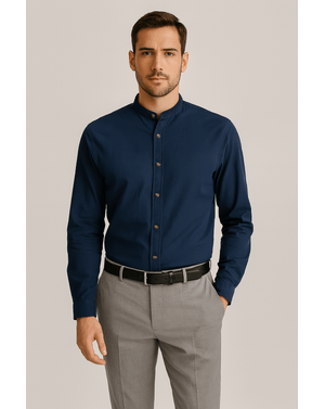 Cămașă bărbătească Jack&Jones din bumbac și in – navy, cu guler tunică 25POS02009