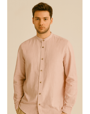 Cămașă Jack&Jones roz pudrat – din bumbac și in, cu guler tunică 25POS02014
