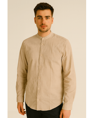 Cămașă Jack&Jones bej – din bumbac și in, cu guler tunică 25POS02015