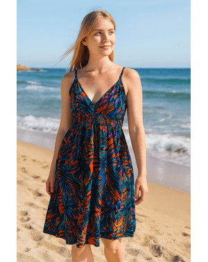 Rochie din bumbac 100% cu imprimeu tropical și bretele subțiri N250129005