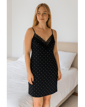 Cămașă de noapte din satin cu dantelă și buline fine N2501H3001