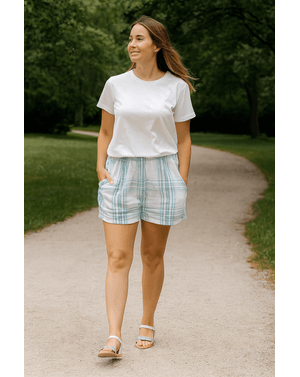 Pantaloni scurți de vară din 100% bumbac cu imprimeu în carouri N2501G3001