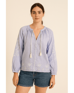 Bluză albastră din 100% bumbac – răcoare, lejeritate și detalii feminine N2501F9001