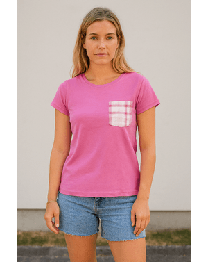 Tricou roz din 100% bumbac, cu buzunar carouri N2501G4001