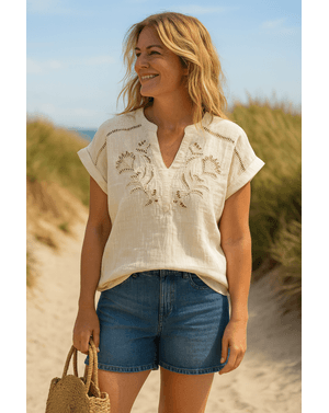 Bluză vaporoasă din 100% bumbac cu broderie florală N2501F9008