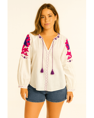 Ie boho din 100% bumbac cu broderie florală fucsia și mov N2501F9010