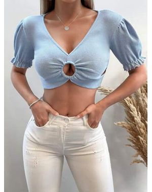 Bluză crop albastră cu decupaj frontal și mâneci bufante 25MEX11005