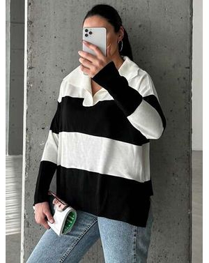 Pulover oversize cu dungi late și guler tip polo 25MEX11026