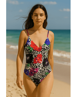 Costum de baie întreg cu imprimeu floral și animal print – 93% bumbac, 7% elastan 24KKW09006