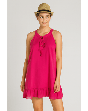 Rochie scurtă roz intens cu volan și bretele late – 100% poliester N2417D9005