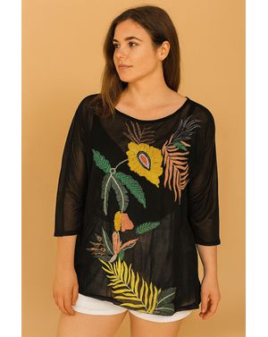 Bluză neagră vaporoasă cu broderie tropicală – 100% poliester N2417I8001