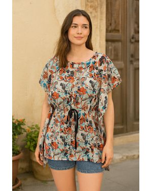 Tunică lejeră din bumbac cu imprimeu floral și cordon reglabil – 100% bumbac N2417I8002