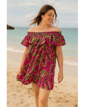 Rochie de plajă cu umeri goi și imprimeu tropical – 100% poliester N2417I8004