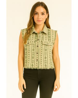 Jachetă cropped fără mâneci din bumbac cu model etnic N250127004