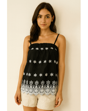 Top cu bretele subțiri și broderie florală – 100% bumbac N2501F9012