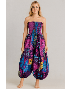 Salopetă boho din bumbac cu tur lăsat și bust shirring N2417E3002