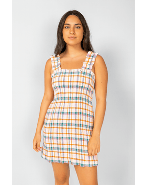 Rochie scurtă din material texturat cu bretele și imprimeu în carouri 24SDP01133