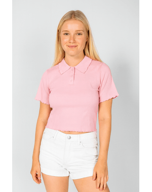 Tricou crop damă cu guler polo și margini ondulate  24SDP01253