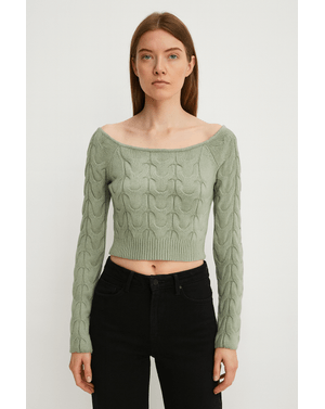 Pulover cropped cu umeri lați și model împletit 25TEK01120