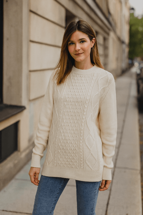 Pulover lung din bumbac tricotat cu torsade 25MKF02014